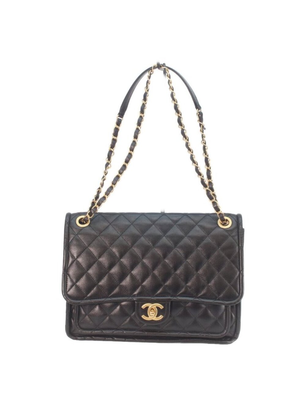 Chanel Black Shiny Lamb Gold Quilted Single Flap Double Chain Shoulder Bag